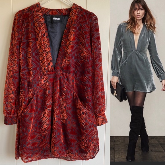 Reformation Dresses & Skirts - REFORMATION Burnout Velvet Burnt Orange Geometric Pattern Plunging V Neck Dress